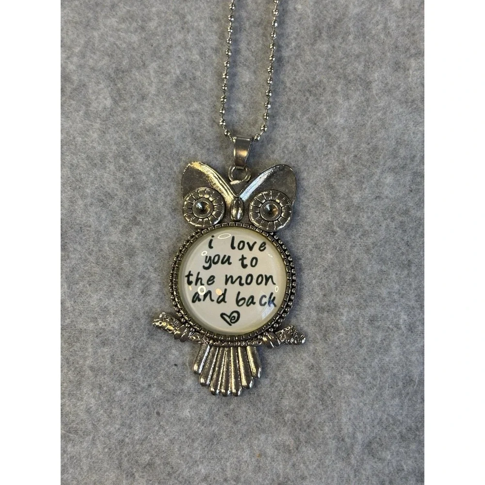 Vintage Whimsigoth Silver Owl Moon Pendant Necklace Long Ball Chain Boho Grunge